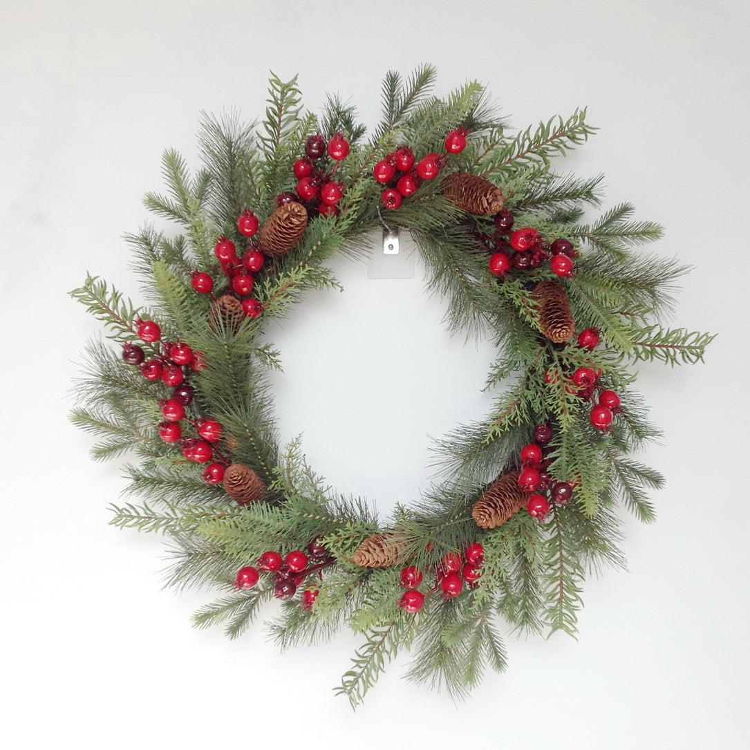 30" BERRY PINE W/CONES WREATH